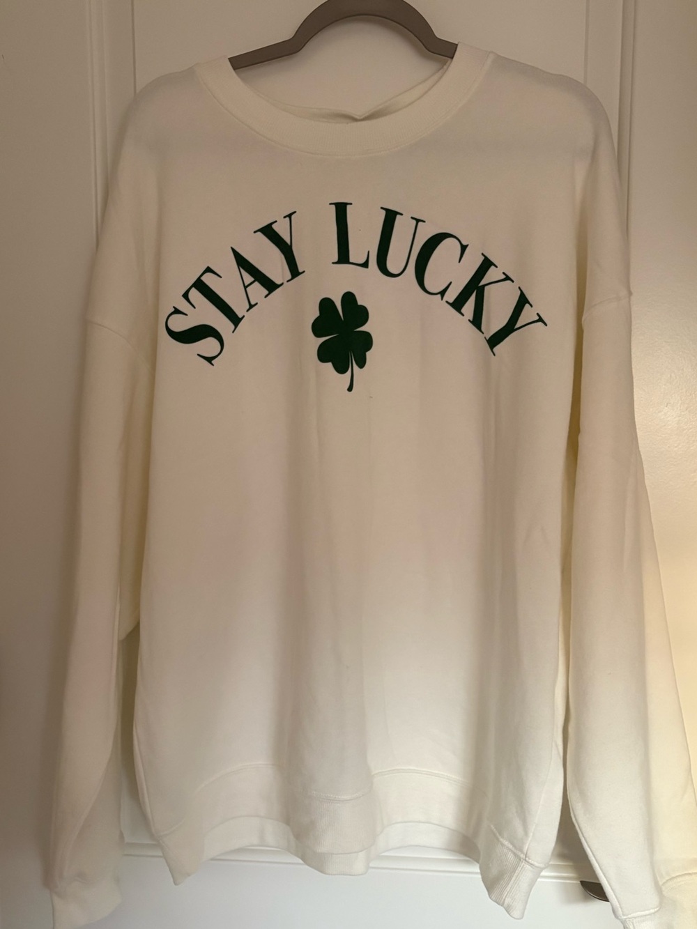 Grayson Threads Cream Sweatshirt with Dark Green 'Stay Lucky' Graphic